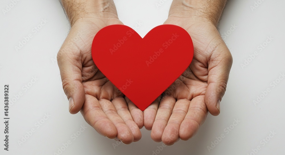 Fototapeta premium Close-up of hands holding a red heart symbol, soft natural light, white background, concept of gratitude and saving lives, minimalistic and emotional