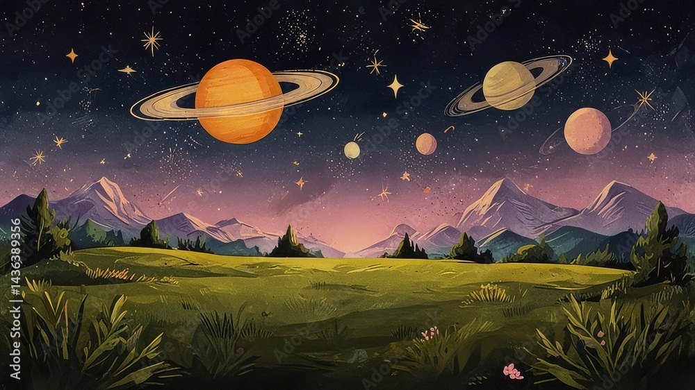 Naklejka premium The space illustration from earth with the landscape view