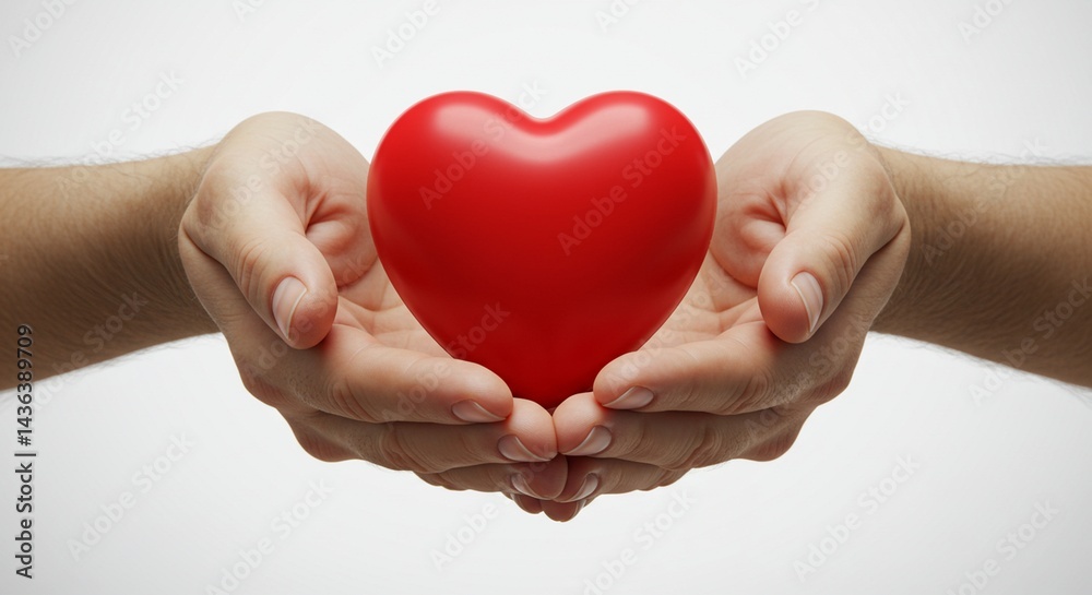 Obraz premium Close-up of hands holding a red heart symbol, soft natural light, white background, concept of gratitude and saving lives, minimalistic and emotional