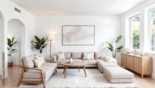 The modern living room is furnished with sleek, clean lined furniture in neutral tones, accented with geometric patterns and pops of color for added visual interest