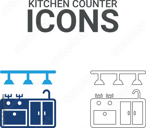 Kitchen counter icons. Collection of sofa, kitchen, chair, dresser and more. Vector illustration. Easily changes to any color.