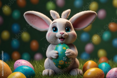Adorable Easter Bunny Holding Decorated Egg with Colorful Egg Background