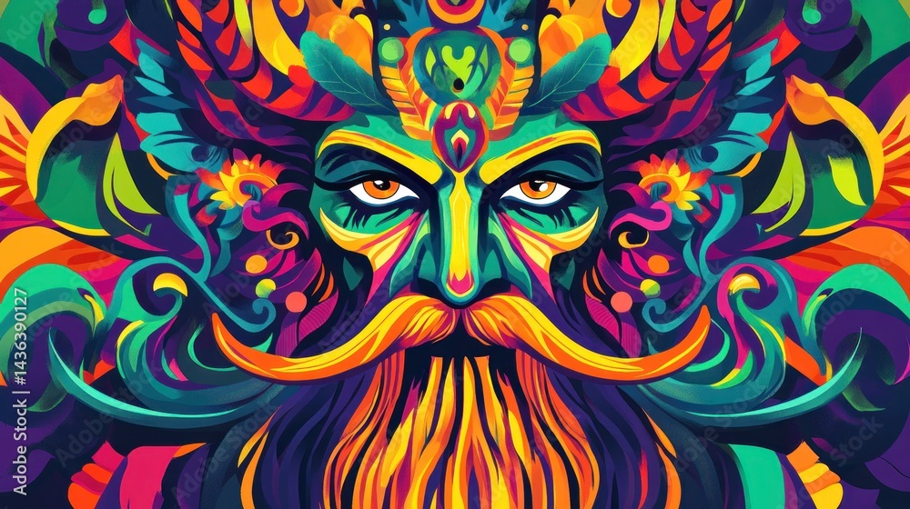 Fototapeta Colorful deity face, vibrant swirls, fantasy art, poster design