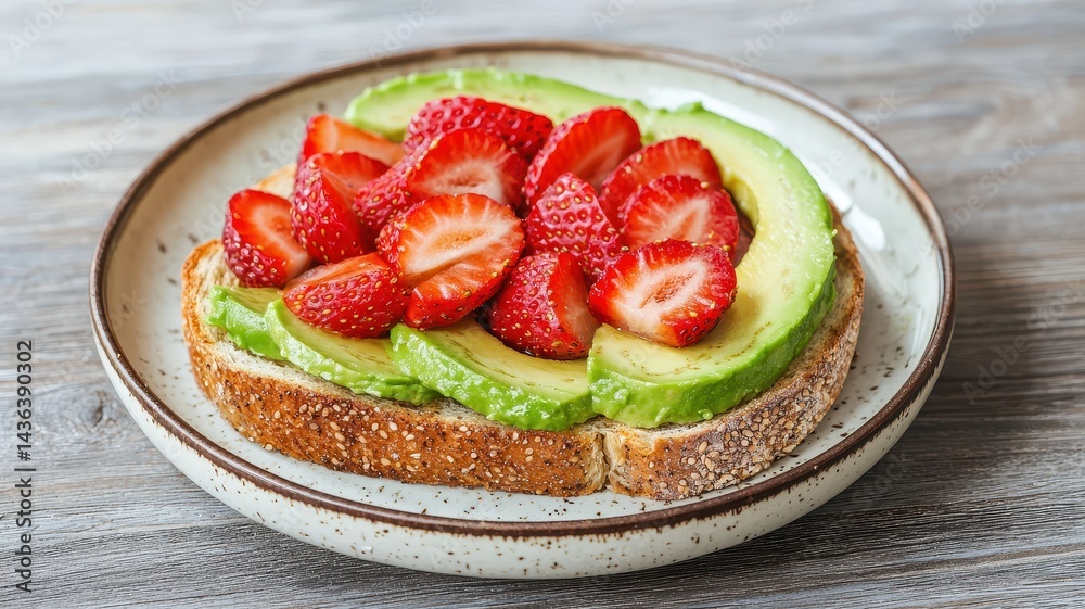 Healthy lifestyle with nutrition positivity idea. Avocado toast topped with fresh strawberries on a plate. Healthy lifestyle with nutrition positivity idea. Avocado toast topped with fresh strawberries on a plate.