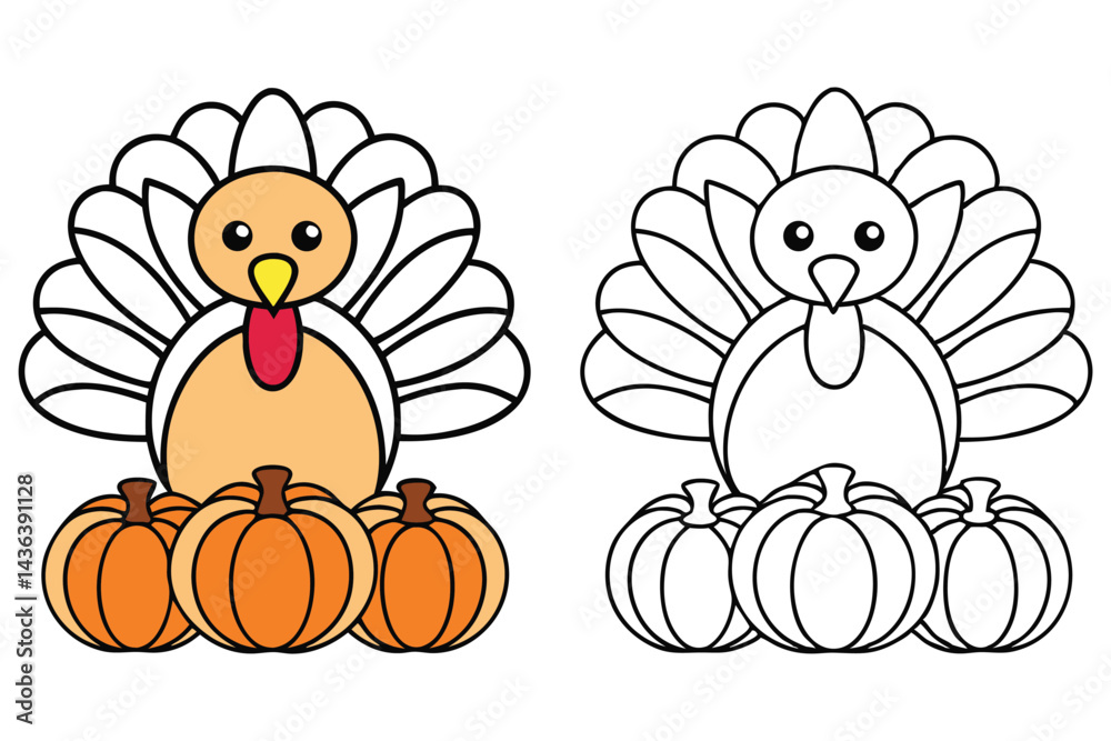 Fototapeta premium Cartoon Turkey with Pumpkins in Color and Outline for Autumn