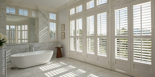 Sunlit Bathroom with White Shutters and Freestanding Tub,Interior Design,Bathroom Decor Bathroom design, window treatments