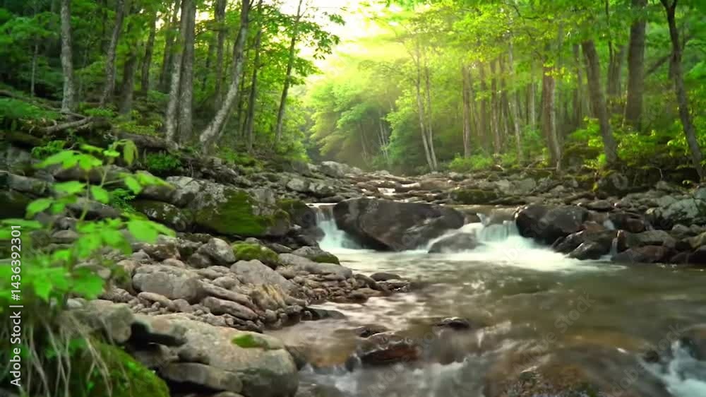 Serene Forest Stream with Sunlight Through Canopy. Peaceful Woodland Waterfall Nature Scene. Lush Green Forest Landscape Photography. Serene Forest Stream with Sunlight Through Canopy. Peaceful Woodland Waterfall Nature Scene. Lush Green Forest Landscape Photography.