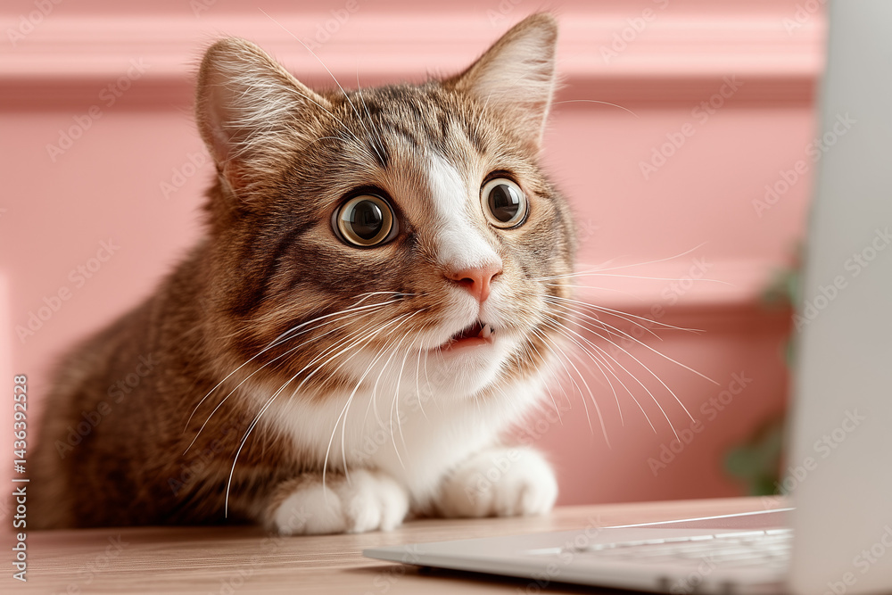 A cat looking frightened on a pink background A cat looking frightened on a pink background