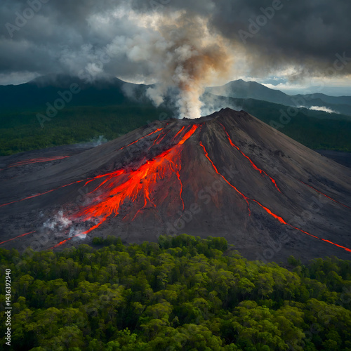 Dramatic Eruption of a Dormant Volcano with Glowing Lava and Smoke Under Stormy Skies – High Resolution Nature Photography.
Generative AI

