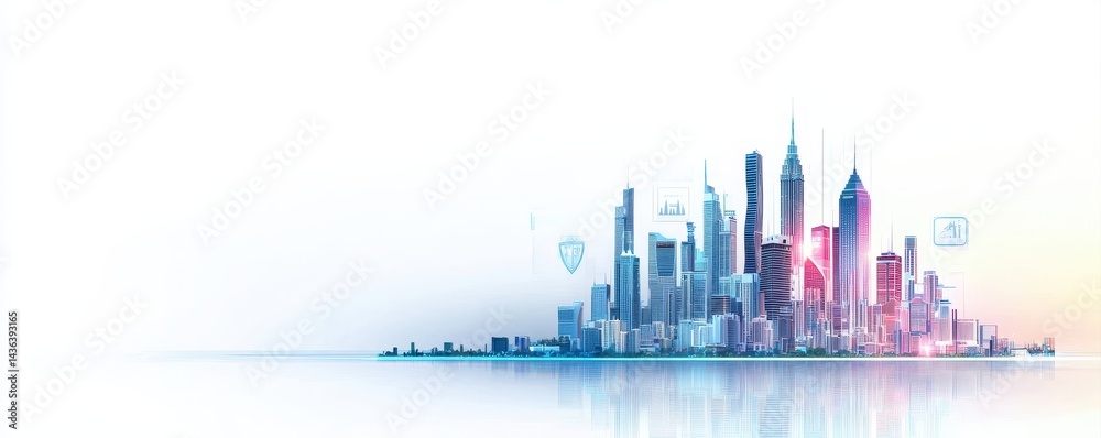 Obraz premium A modern city skyline with tall skyscrapers, digital elements, and a futuristic, minimalistic design reflected on a white background.