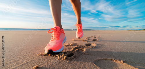 Bright orange running shoes with white laces striking light brown sand on the beach under a clear blue sky with clouds.