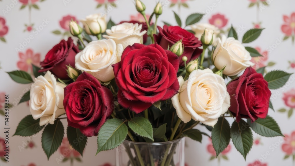 Romantic Bouquet: Red and Cream Roses in Vase, Floral Arrangement for Wedding, Valentine's Day, Anniversary, Love, and Celebration Romantic Bouquet: Red and Cream Roses in Vase, Floral Arrangement for Wedding, Valentine's Day, Anniversary, Love, and Celebration