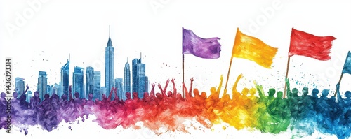 A colorful crowd marches with flags in front of a city skyline, symbolizing unity, diversity, and urban celebration.