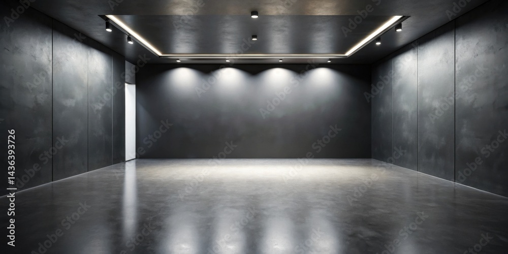 Empty modern room with dark walls and polished floor, illuminated by recessed lighting, offering a minimalist backdrop for design and display Empty modern room with dark walls and polished floor, illuminated by recessed lighting, offering a minimalist backdrop for design and display