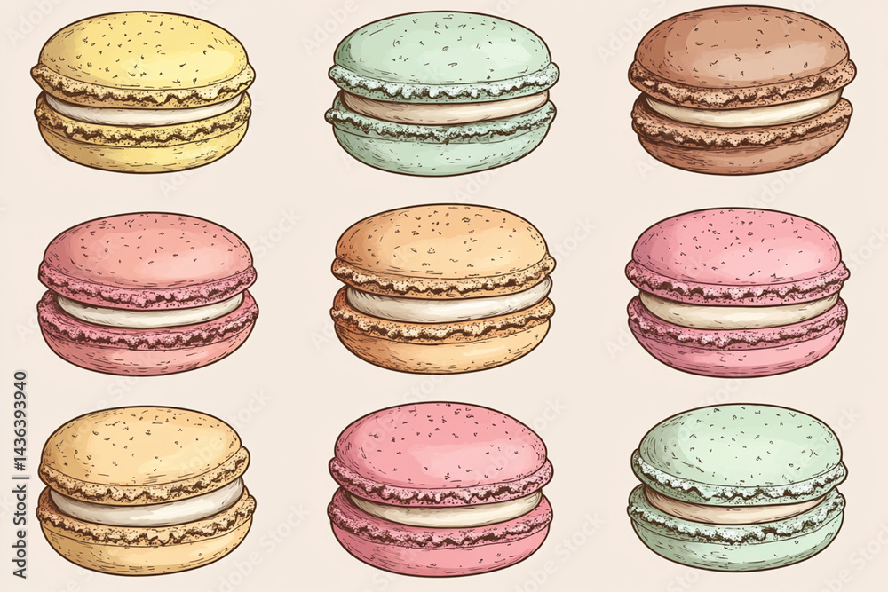 Hand-drawn illustration of a set of macaroons in soft pastel colors with delicate details Hand-drawn illustration of a set of macaroons in soft pastel colors with delicate details