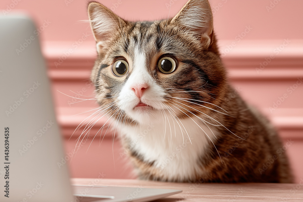 Fototapeta premium A cat looking frightened on a pink background 