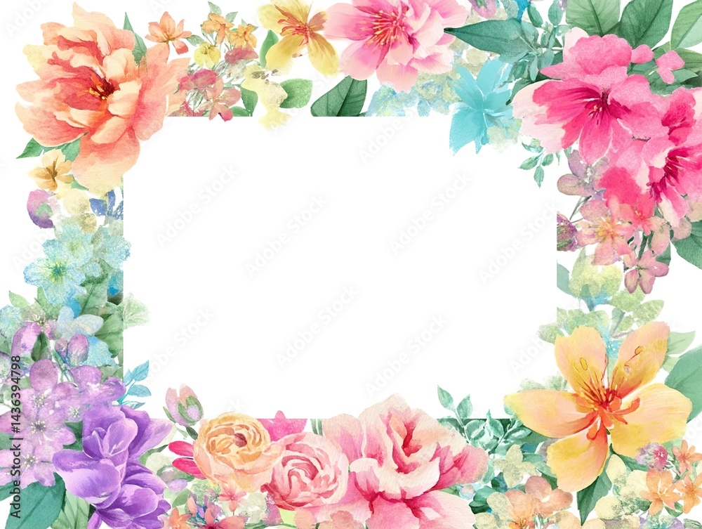 Obraz premium Watercolor floral frame, white background, pastel colors, clipart style with empty space in the