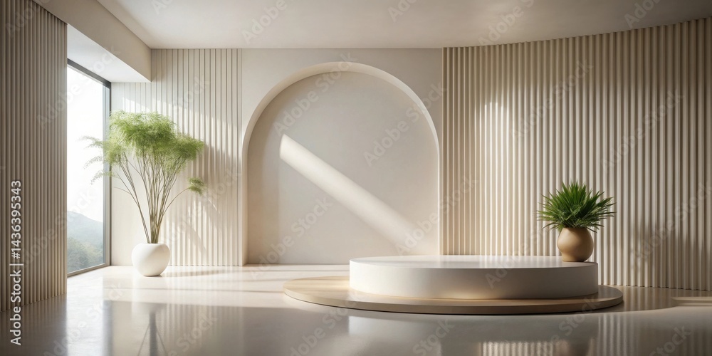 Fototapeta premium Minimalist interior design featuring a circular display platform, arched wall detail, and potted plants in a sunlit room