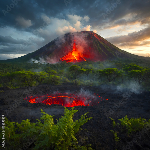 Dramatic Eruption of a Dormant Volcano with Glowing Lava and Smoke Under Stormy Skies – High Resolution Nature Photography.
Generative AI

