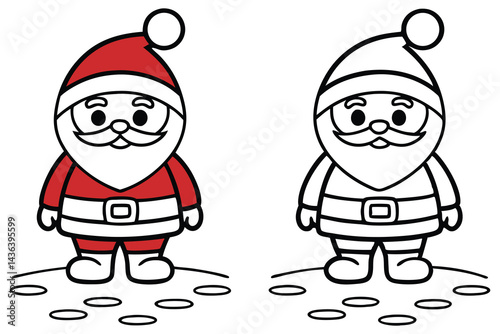 Two Cartoon Santa Clauses One Colored, One Outline on White Background