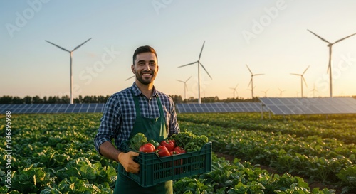 Smiling farmer holding a crate of fresh vegetables in an organic farm with solar panels and wind turbines in the background at sunset. Sustainable farming concept.