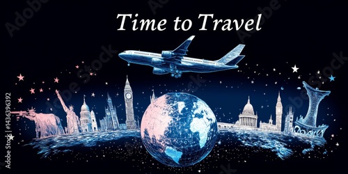 A plane flying over a globe with famous landmarks. The text 