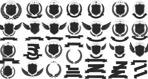 Laurel wreath, shield, wing, ribbon, and banners vector set.