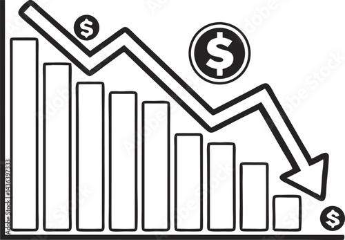Financial graph icon with dollar sign and downward trend in black and white vector