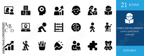 Child Development and Education Solid Icons Kids Learning and Growth Set