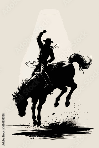 Vintage Cowboy Silhouette on Bucking Horse - Western Rodeo Art - Wild West Cowboy Illustration - Rodeo Cowboy on Horseback 