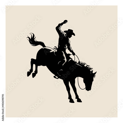 Vintage Cowboy Silhouette on Bucking Horse - Western Rodeo Art - Wild West Cowboy Illustration - Rodeo Cowboy on Horseback 