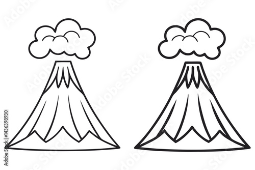 Erupting Volcano Outlines, Cartoon Eruption Mountain Silhouette with Smoke Cloud