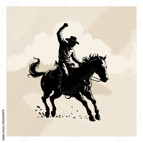 Vintage Cowboy Silhouette on Bucking Horse - Western Rodeo Art - Wild West Cowboy Illustration - Rodeo Cowboy on Horseback 