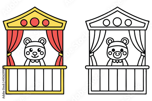 Cartoon Bear in Puppet Theater, Colorful and Line Art versions
