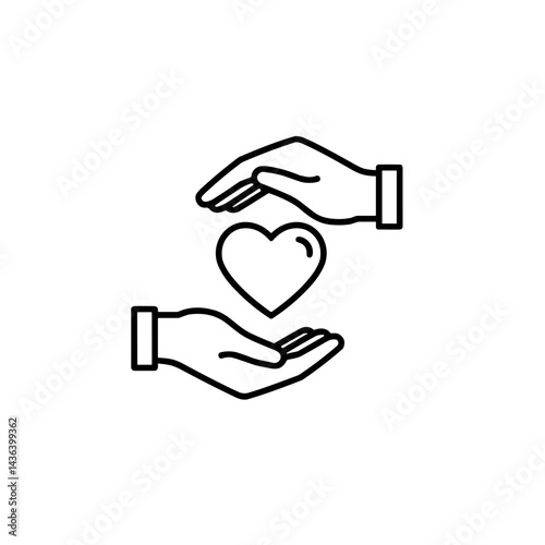 Outline of two hands holding a heart in a caring and protective illustration style