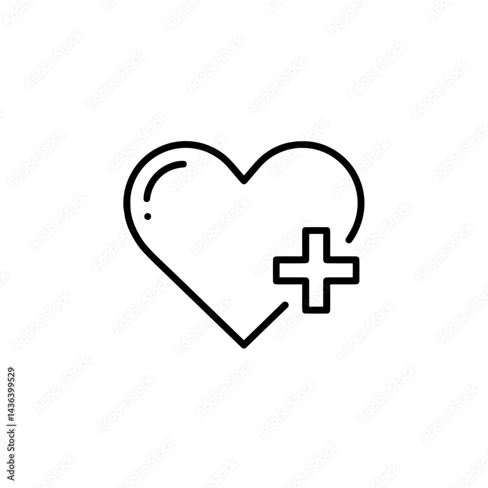 Outline of a heart with a plus sign representing growth or positivity in a minimalist illustration style Outline of a heart with a plus sign representing growth or positivity in a minimalist illustration style