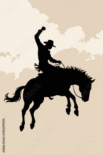 Vintage Cowboy Silhouette on Bucking Horse - Western Rodeo Art - Wild West Cowboy Illustration - Rodeo Cowboy on Horseback 