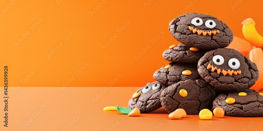Fototapeta premium Sweet Halloween Stack: A delectable pile of Halloween cookies, artfully decorated with spooky faces, is placed on an orange surface, celebrating a joyous Halloween feast. 