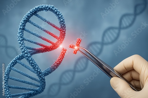3D DNA strand editing with precision tweezers, representing CRISPR technology, genetic therapy, and biotech innovation