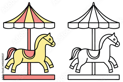 Two Carousel Horses with Striped Canopies; One Colored, One in Black Outline