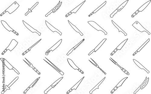 Professional Butcher and Kitchen Knife Set – Vintage Style Culinary Cutlery for Meat, Fish, and Cooking Illustration.