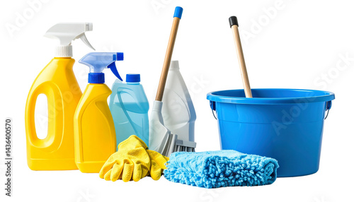 Modern Cleaning Supplies Neatly Arranged on a White Background