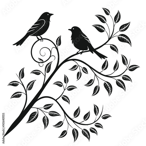 A seamless vector floral pattern design with bird silhouettes on a branch