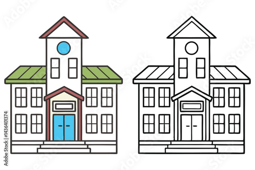 Two Story Building Hand Drawn Style with Color and Black and White on White