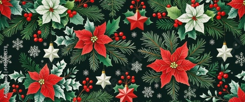 Wallpaper Mural festive christmas pattern with poinsettias and holly close-up Torontodigital.ca