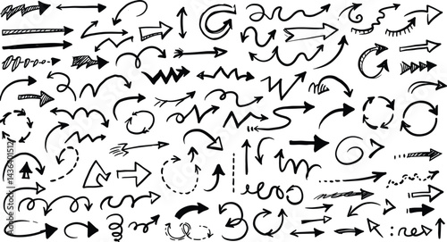 Hand drawn arrow set featuring curved, straight, dotted, and swirled arrows design, arrow 