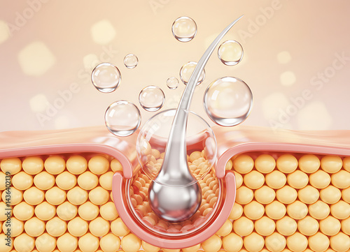 Detailed view of hair follicle and surrounding skin structure with bubbles