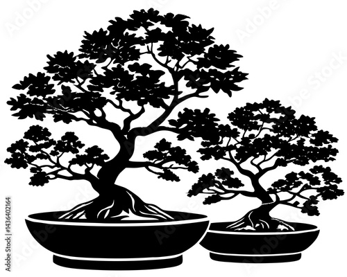 Two Black Silhouette Bonsai Trees in Pots