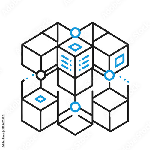 Vector icon of complex interconnected isometric cube grid Symbolizes blockchain network distributed systems DLT P2P topology or complex data structure Modern tech graphic blue black line fill accents