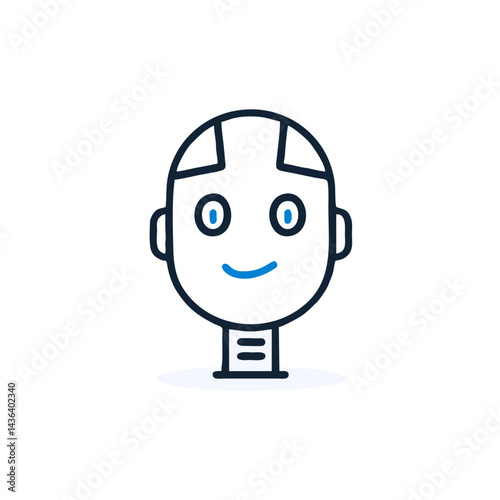 Vector icon of a simple friendly robot head with smile Symbolizes chatbot virtual assistant basic AI helpful technology or approachable automation concepts Minimalist graphic design with blue accents